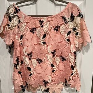 BB Dakota Pink Floral Lace Overlay Blouse with Black & Cream Accents